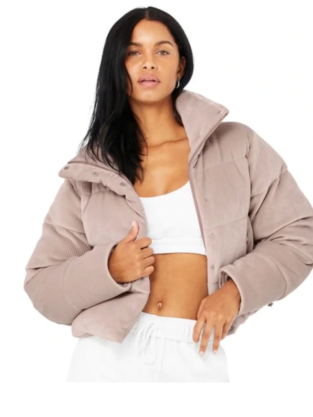 ALO Yoga Ribbed Velour Gold Rush Puffer Jacket Dusty Pink XS